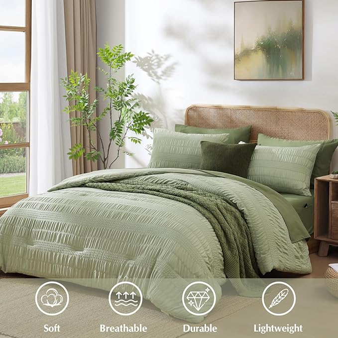 CASAAGUSTO Queen Comforter Set, 7 Pieces Sage Green Seersucker Bed in a Bag Queen Size Soft All Seasons, Bedding Sets with Comforter, Flat Sheet, Fitted Sheet, 2 Pillow Shams, 2 Pillowcases - LeafyLoom