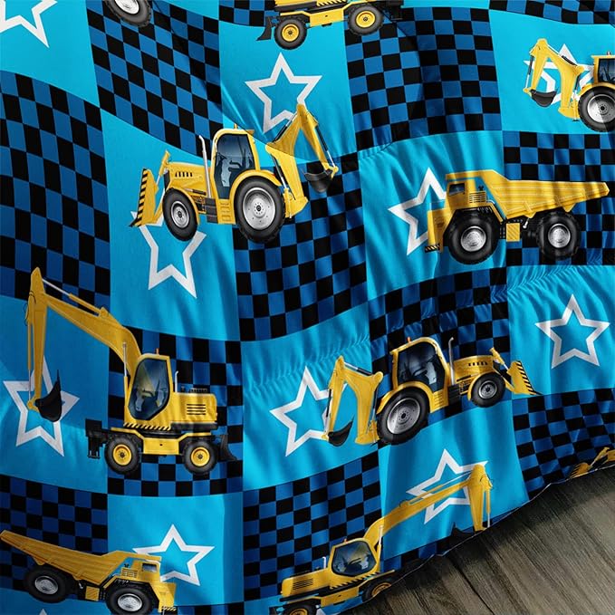 Axolotl Excavator Comforter Set Full Size,Blue Plaid Comforter Set with Star,Excavator Bedding Set for Kids Boys Teens,Construction Vehicle Comforter Set for Boys,1 Quilt 2 Pillowcases - LeafyLoom
