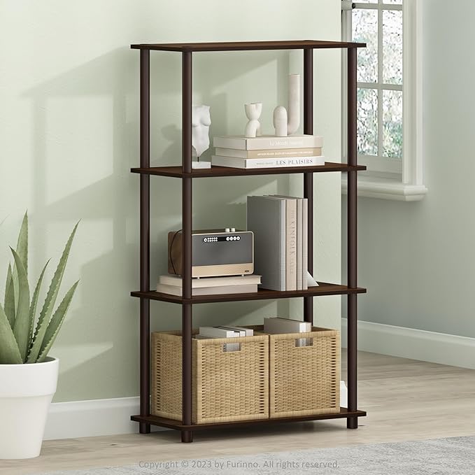 Furinno Turn-N-Tube 4-Tier Multipurpose Shelf Display Rack, Round Tubes, Walnut/Brown - LeafyLoom
