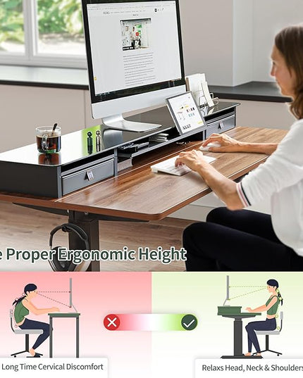 FEZIBO 55 x 24 Inch Height Adjustable Glass Electric Standing Desk with Double Drawer, Stand Up Desk with Storage Shelf, Sit Stand Desk, Black Walnut - LeafyLoom