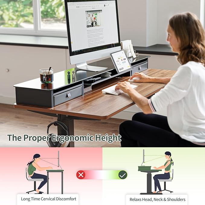 FEZIBO 55 x 24 Inch Height Adjustable Glass Electric Standing Desk with Double Drawer, Stand Up Desk with Storage Shelf, Sit Stand Desk, Black Walnut - LeafyLoom