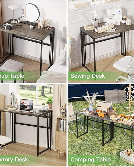 Folding Desk 32'' Computer Desk No Assembly Required Foldable Table Space Saving Writing Workstation for Home Office, Dark Grey - LeafyLoom