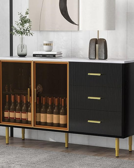 Modern Sideboard MDF with Marble Sticker Tabletop and Amber-Yellow Tempered Glass Doors,Freestanding Buffet Storage Cabinet,W/Gold Metal Legs & Handles,for Dining Room,Kitchen,Black, 60" - LeafyLoom