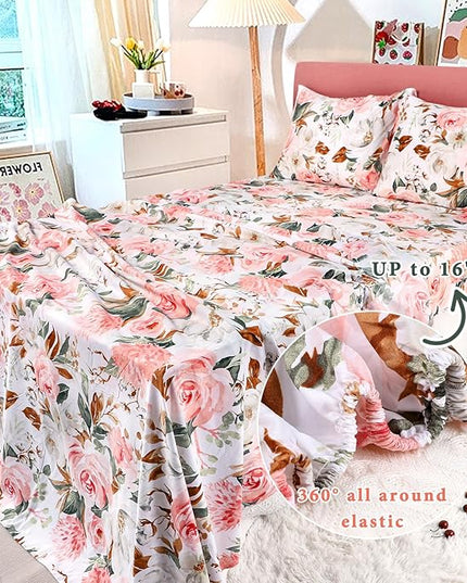DILIMI Full Size Comforter Set for Girls, Reversible Comforter Full Size, 5 Pieces Ultra Soft Pink Floral Full Size Bed Comforter Sets with Sheet, Comforter, Flat Sheet, 2 Pillowcase - LeafyLoom
