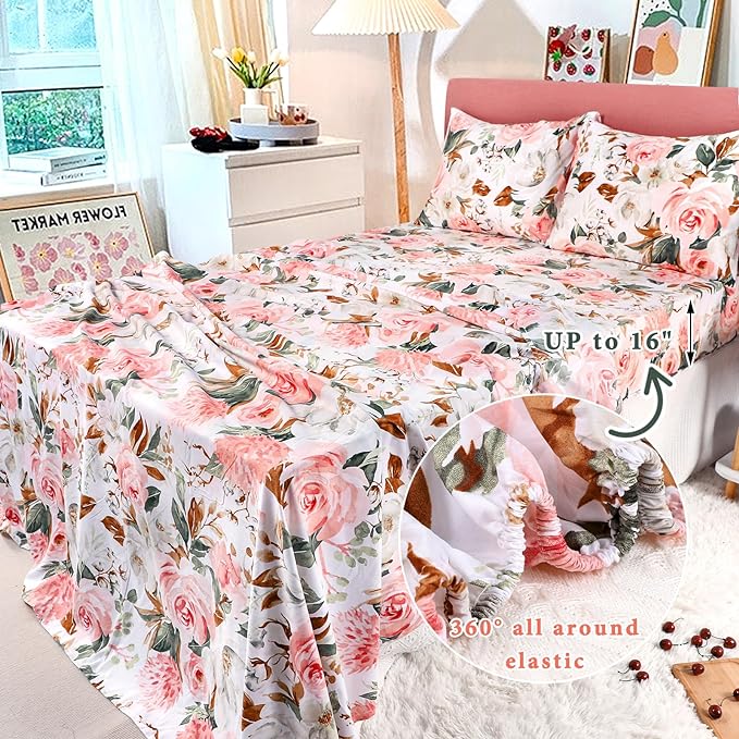 DILIMI Full Size Comforter Set for Girls, Reversible Comforter Full Size, 5 Pieces Ultra Soft Pink Floral Full Size Bed Comforter Sets with Sheet, Comforter, Flat Sheet, 2 Pillowcase - LeafyLoom