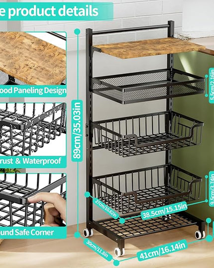 HapiRm 5 Tier Fruit Basket Kitchen Storage Cart, Adjustable Fruit and Vegetable Basket, Wooden Top Table Fruit Rack, Snack Cart with Wheels, Metal Mesh and Wire Storage Basket for Onions and Potatoes - LeafyLoom