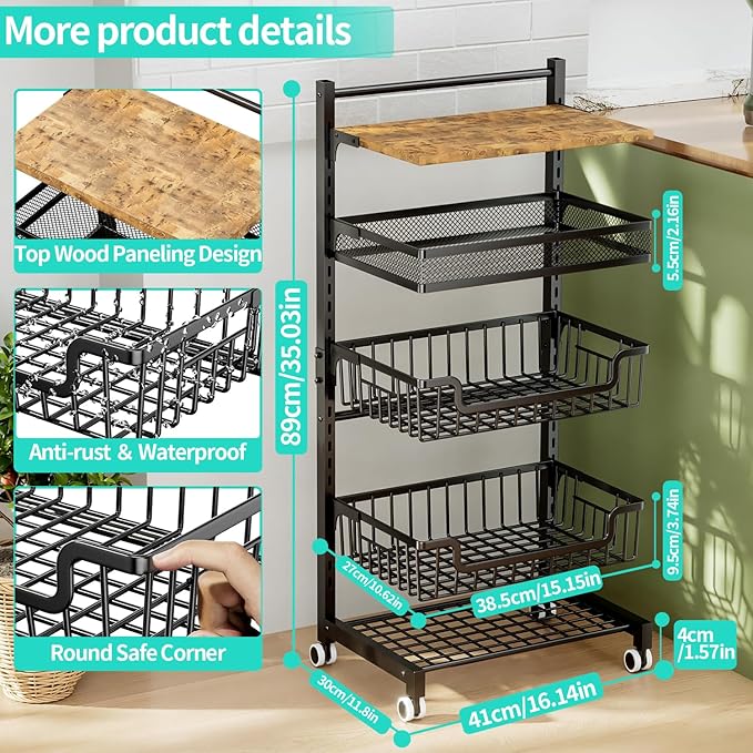 HapiRm 5 Tier Fruit Basket Kitchen Storage Cart, Adjustable Fruit and Vegetable Basket, Wooden Top Table Fruit Rack, Snack Cart with Wheels, Metal Mesh and Wire Storage Basket for Onions and Potatoes - LeafyLoom