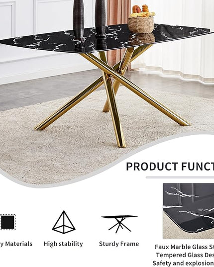NicBex Large Modern Minimalist Rectangular Dining Table with 0.39 "Imitation Marble Black Tabletop and Golden Metal Legs for Kitchen Dining Living Meeting Room Banquet Hall, Black - LeafyLoom