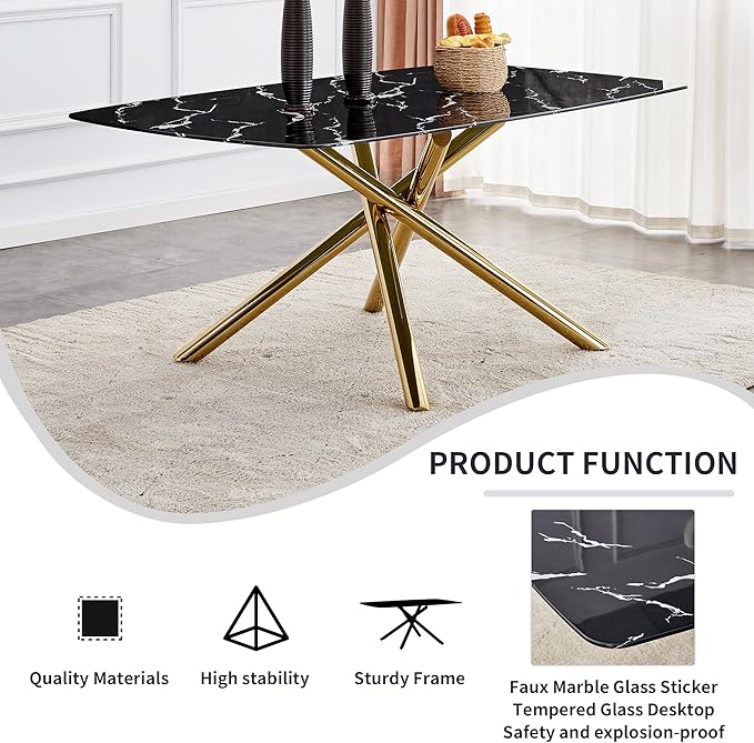 NicBex Large Modern Minimalist Rectangular Dining Table with 0.39 "Imitation Marble Black Tabletop and Golden Metal Legs for Kitchen Dining Living Meeting Room Banquet Hall, Black - LeafyLoom