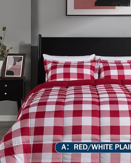downluxe Lightweight Plaid Comforter Set (Queen) with 2 Pillow Shams - 3-Piece Set - Red/White Plaid - Down Alternative Reversible Comforter - LeafyLoom