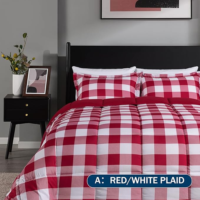 downluxe Lightweight Plaid Comforter Set (Queen) with 2 Pillow Shams - 3-Piece Set - Red/White Plaid - Down Alternative Reversible Comforter - LeafyLoom