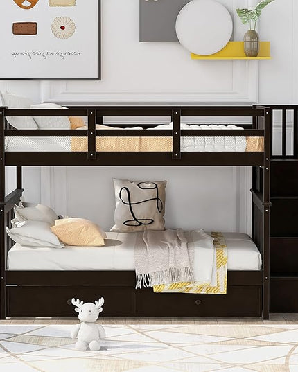 Stairway Bunk Bed Full Over Full with Twin Size Trundle and Stairs Storage, Wooden 3 Bedframe for Kids Teens Adults, Bedroom Furniture, can be Detachabled, Espresso - LeafyLoom