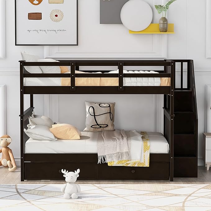 Stairway Bunk Bed Full Over Full with Twin Size Trundle and Stairs Storage, Wooden 3 Bedframe for Kids Teens Adults, Bedroom Furniture, can be Detachabled, Espresso - LeafyLoom