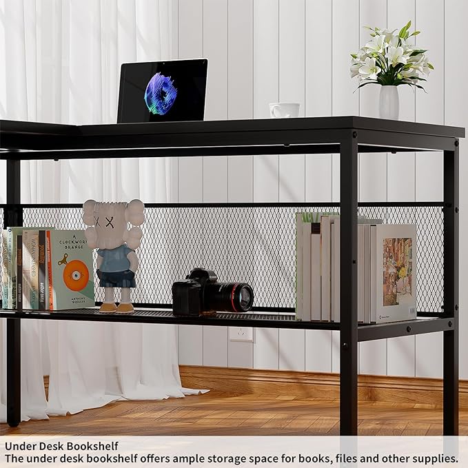 Reversible L Shaped Computer Desk with Magic Power Outlet and Smart LED Light, 55 Inch Large Office Corner Desk with Ergonomic Monitor Stand, Gaming Table with Storage, Grid Design, Black - LeafyLoom