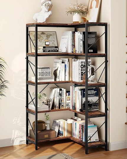 YITAHOME Corner Bookshelf, Industrial Corner Shelf 5 Tier Bookcase, Large Display Rack Storage for Bedroom, Living Room, Home Office,Rustic Brown - LeafyLoom