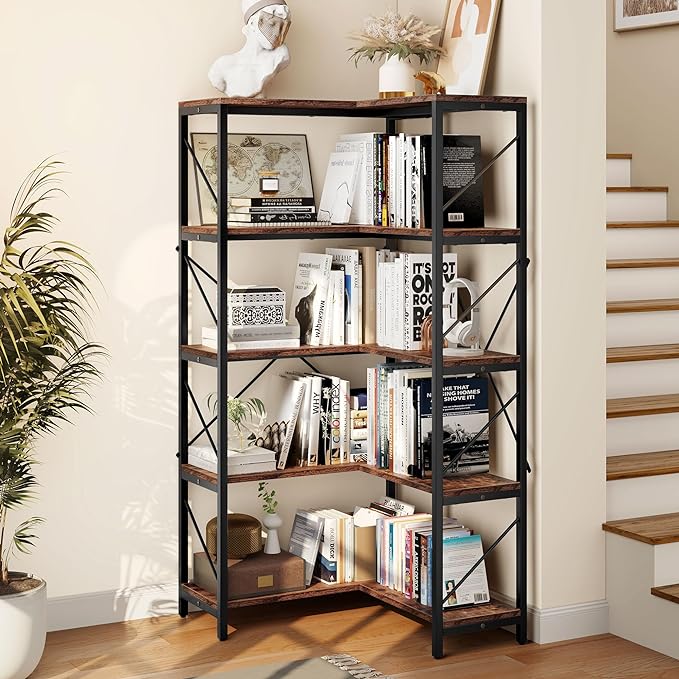 YITAHOME Corner Bookshelf, Industrial Corner Shelf 5 Tier Bookcase, Large Display Rack Storage for Bedroom, Living Room, Home Office,Rustic Brown - LeafyLoom
