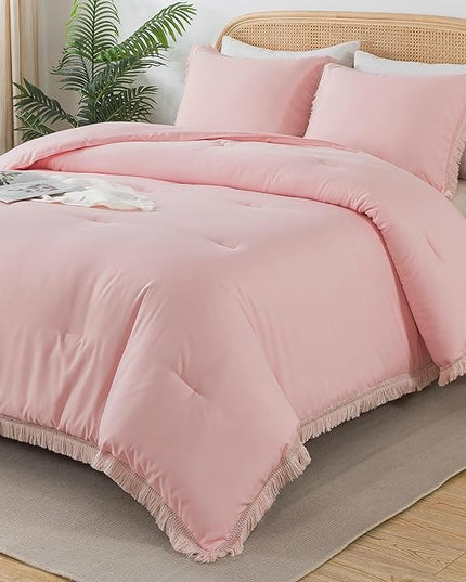 Andency Pink Tassel Comforter Set Full(79x90Inch), 3 Pieces(1 boho Comforter, 2 Pillowcases) Farmhouse Shabby Chic Comforter Set, Soft Microfiber Lightweight Fringe Bedding Comforter Set - LeafyLoom