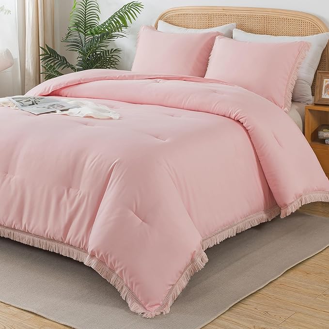 Andency Pink Tassel Comforter Set Full(79x90Inch), 3 Pieces(1 boho Comforter, 2 Pillowcases) Farmhouse Shabby Chic Comforter Set, Soft Microfiber Lightweight Fringe Bedding Comforter Set - LeafyLoom