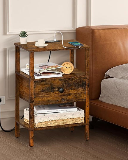 Lerliuo Nightstand Set of 2 with Charging Station and USB Ports, 3-Tier Storage End Table with Drawer Shelf, Night Stand for Small Spaces, Wood Bedside Table for Living Room, Bedroom-Brown - LeafyLoom