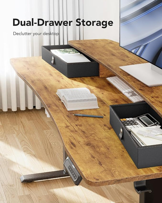 HUANUO 48″ x 24″ Electric Standing Desk with 2 Drawers, C-Clamp Mount Compatible, Height Adjustable Computer Desk, Home Office Stand Up Desk with 4 Preset Heights & 2 Hooks, Vintage Brown - LeafyLoom