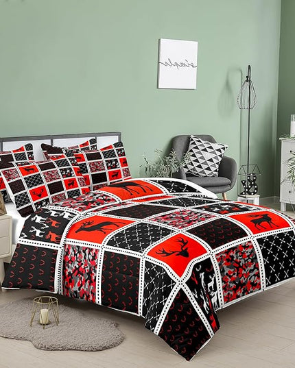 Tailor Shop Deer Comforter Sets for Kids Boys Teens Camo Comforter Sets Queen Black and Black Red Bedding Set Room Decor, with 2 Pillowcase - LeafyLoom