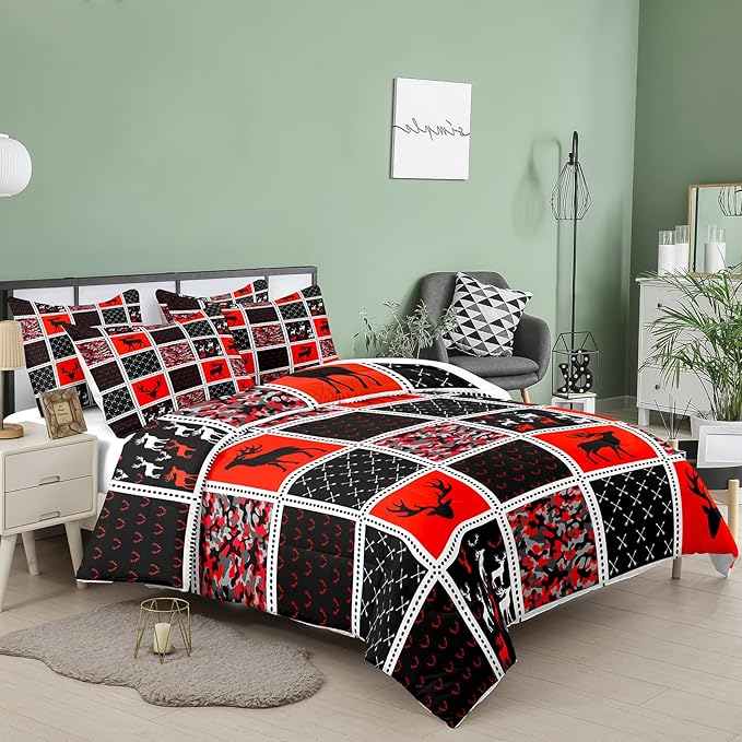 Tailor Shop Deer Comforter Sets for Kids Boys Teens Camo Comforter Sets Queen Black and Black Red Bedding Set Room Decor, with 2 Pillowcase - LeafyLoom