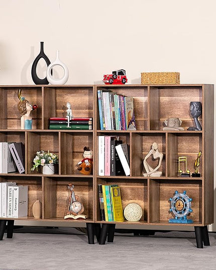 LEYAOYAO 7 Cube Bookshelf 3 Tier Modern Bookcase with Legs,Wood Book Shelves Storage Organizer Shelf,Free Standing Bookcases,Oak Display Bookshelves - LeafyLoom