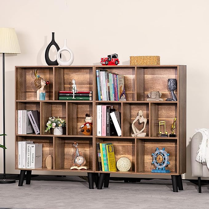 LEYAOYAO 7 Cube Bookshelf 3 Tier Modern Bookcase with Legs,Wood Book Shelves Storage Organizer Shelf,Free Standing Bookcases,Oak Display Bookshelves - LeafyLoom