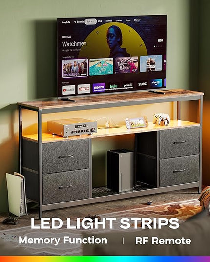 TV Stand Dresser with Power Outlets and LED Lights, 4 Drawers Entertainment Center with Shelves, 54 Inch Media Console for 55 60 Inch TV, PU Finish, Rustic Brown and Black - LeafyLoom