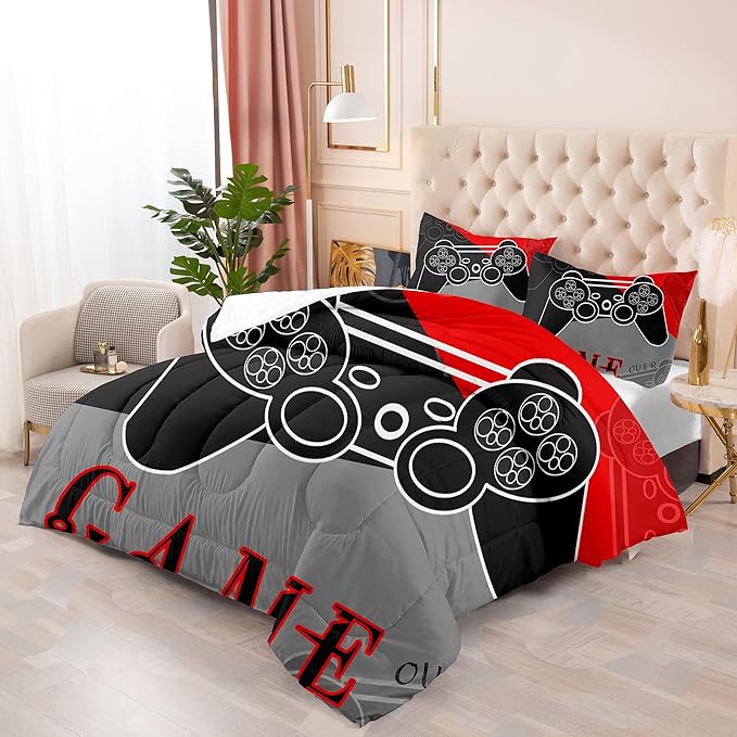 Gaming Bedding Sets for Boys Bedroom Video Gamer Comforter Set Full Size Black Red Game Controller Beddings for Kids Teens 1 Comforter and 2 Pillowcases - LeafyLoom