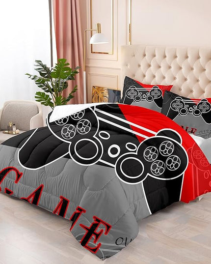 Gaming Bedding Sets for Boys Bedroom Fluffy Video Gamer Comforter Set Twin Size Black Red Game Controller Beddings for Kids Teens 1 Comforter and 1 Pillowcase - LeafyLoom
