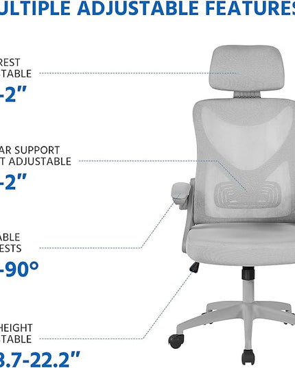 Yaheetech Ergonomic Mesh Office Chair, High Back Desk Chair with with flip-up Armrests, Adjustable Padded Headrest Computer Chair with Lumbar Support for Home Oiffce Game Room, Full Gray - LeafyLoom
