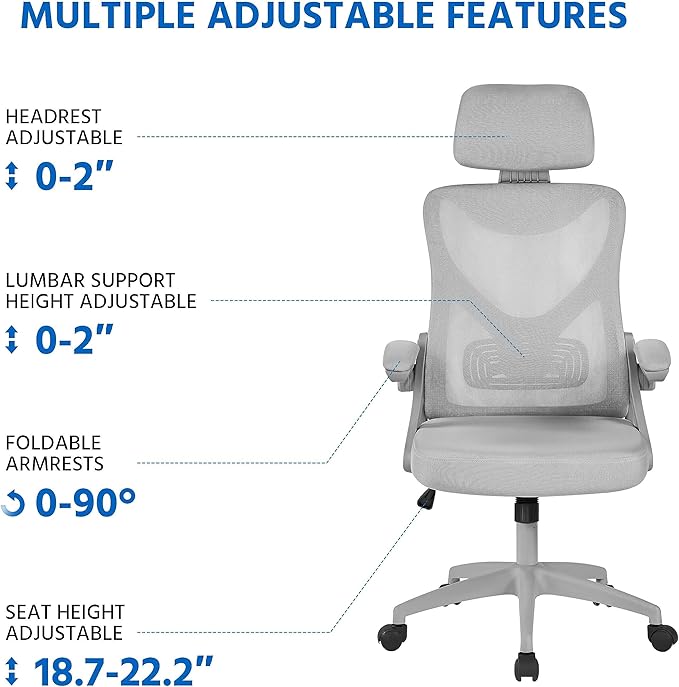 Yaheetech Ergonomic Mesh Office Chair, High Back Desk Chair with with flip-up Armrests, Adjustable Padded Headrest Computer Chair with Lumbar Support for Home Oiffce Game Room, Full Gray - LeafyLoom