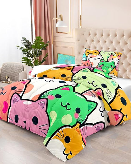 Cat Bedding Twin Size - Cat Comforter Set for Kids Girls Room Cartoon Cat Bedding Set Room Decor Teens Twin Comforter Sets for Girls, 1 Comforter+1 Pillowcase - LeafyLoom