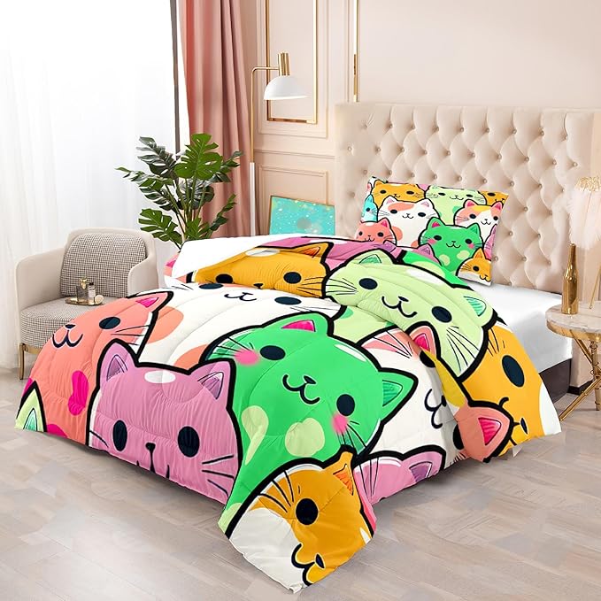 Cat Bedding Twin Size - Cat Comforter Set for Kids Girls Room Cartoon Cat Bedding Set Room Decor Teens Twin Comforter Sets for Girls, 1 Comforter+1 Pillowcase - LeafyLoom