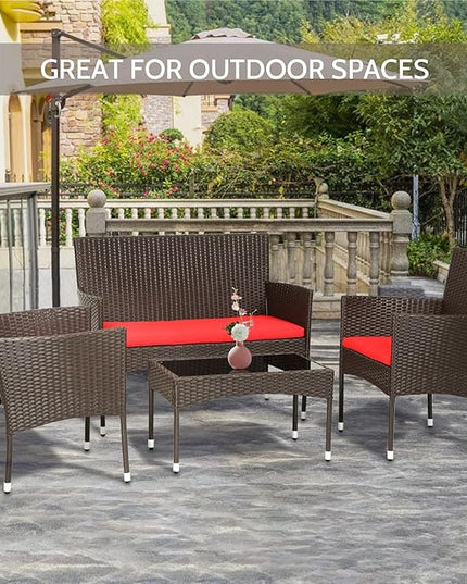 FDW 4 Pieces Wicker Patio Conversation Set Patio Furniture Set with Rattan Chair Loveseats Coffee Table for Outdoor Indoor Garden Backyard Porch Poolside Balcony,Brown Wicker/Red Cushions - LeafyLoom
