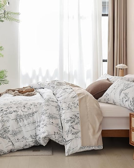 JANZAA 3pcs White Comforter Set King, Soft Floral Microfiber Bedding King Size Comforter Set with 2 Pillow Cases for All Seasons - LeafyLoom