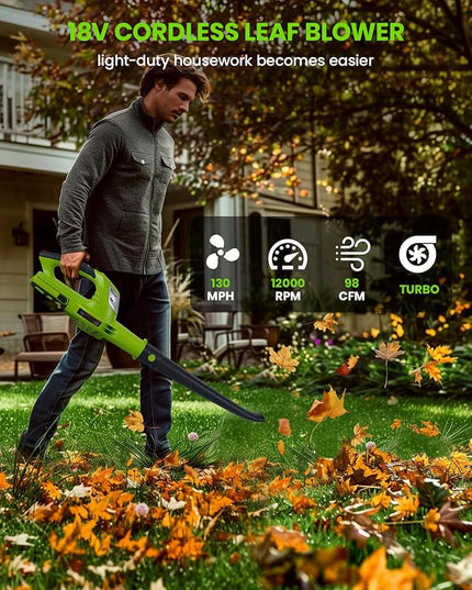HARDELL Leaf Blower, 18V Small Leaf Blower Cordless with 2.0Ah Battery & Fast Charger, Lightweight Electric Leaf Blower for Lawn Care, Patio, Blowing Leaves, Green - LeafyLoom