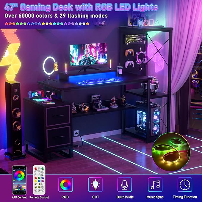 Computer Desk with 2 Fabric Drawers - Reversible Home Office Desk with Power Outlet & LED Lights, 53" Writing Desk with Monitor Stand & Storage Shelves, Gaming Desk Study Table with Pegboard, Black - LeafyLoom