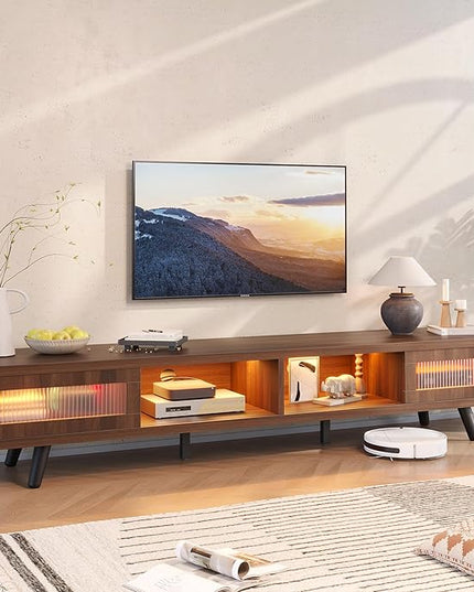 Bestier Mid Century Modern TV Stand for 75 inch TV, LED Entertainment Center with Storage and Sliding Doors, Low Profile TV Consoles for Living Room, Ancona Walnut - LeafyLoom
