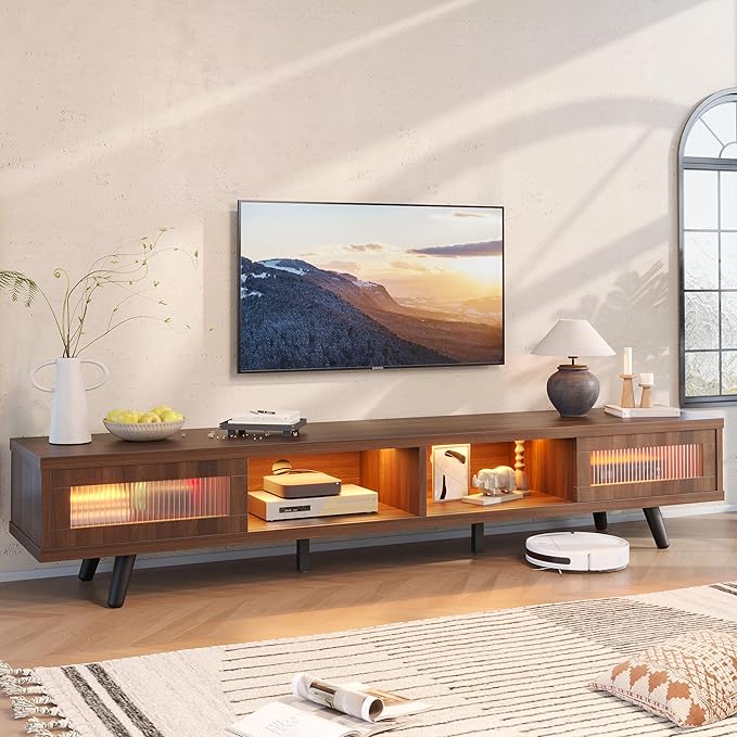 Bestier Mid Century Modern TV Stand for 75 inch TV, LED Entertainment Center with Storage and Sliding Doors, Low Profile TV Consoles for Living Room, Ancona Walnut - LeafyLoom