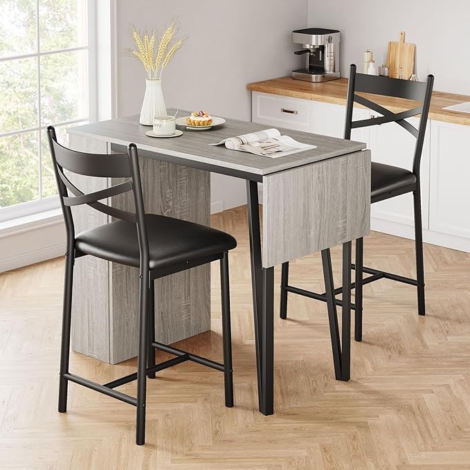 GAOMON Dining Table Set for 2, Kitchen Bar Table and Chairs Set for 2, 3PCS Kitchen Table Set with 2 Upholstered Chairs, Expandable Counter Height Bar Table Set with 3 Storage, Grey - LeafyLoom