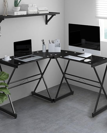 Techni Mobili RTA-3805L-BK L-Shaped Glass Computer Desk, Black, 51" D x 51" W x 29" H - LeafyLoom