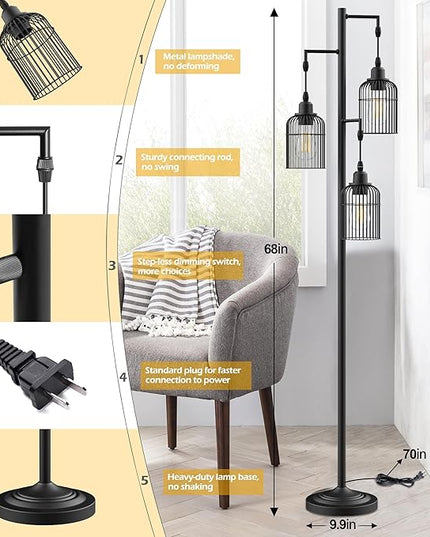 QiMH Industrial Floor Lamp for Living Room,LED Farmhouse Standing Lamp with 3 Birdcage Hanging Shade, Dimmable Tall Lamp Rustic Home Decor for Bedroom Office, Black (Bulbs Included) - LeafyLoom