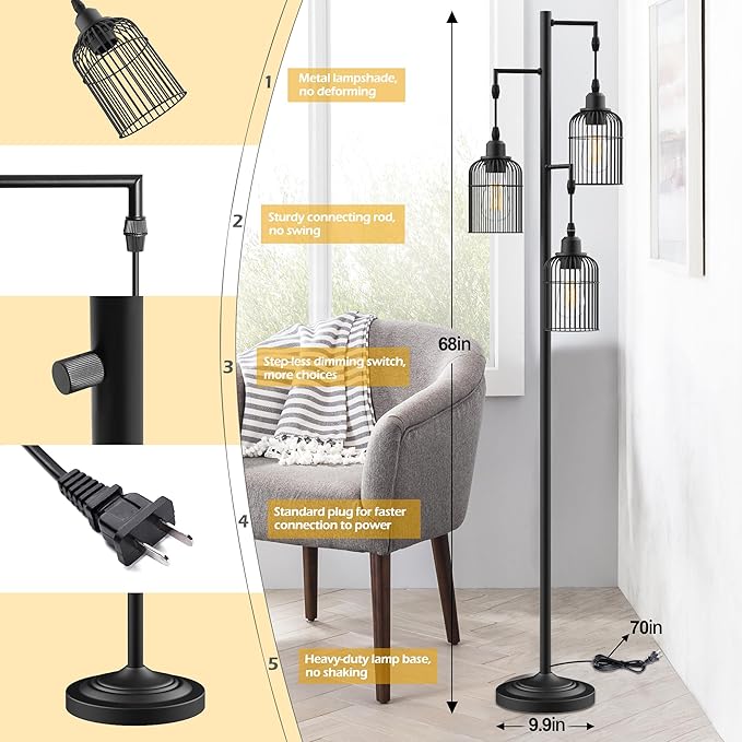 QiMH Industrial Floor Lamp for Living Room,LED Farmhouse Standing Lamp with 3 Birdcage Hanging Shade, Dimmable Tall Lamp Rustic Home Decor for Bedroom Office, Black (Bulbs Included) - LeafyLoom