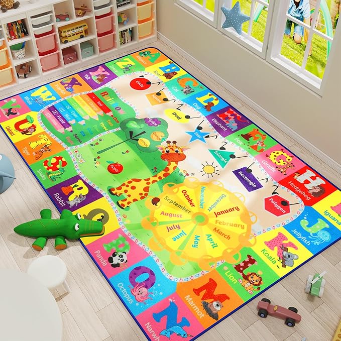 6x9 Kids Room Rug Play Mat Carpet Educational and Fun Playmat with ABC Alphabet Animals Shapes Colors Non Slip Area Rug Learning Rugs for Bedroom Playroom Baby Toddler Children Play Game Activity - LeafyLoom