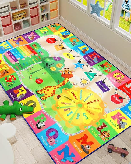 7x10 Kids Rug Play Mat Carpet Educational and Fun Playmat with ABC Alphabet Animals Shapes Colors Large Area Rug Learning Rugs for Bedroom Playroom Baby Toddler Children Play Game Activity - LeafyLoom