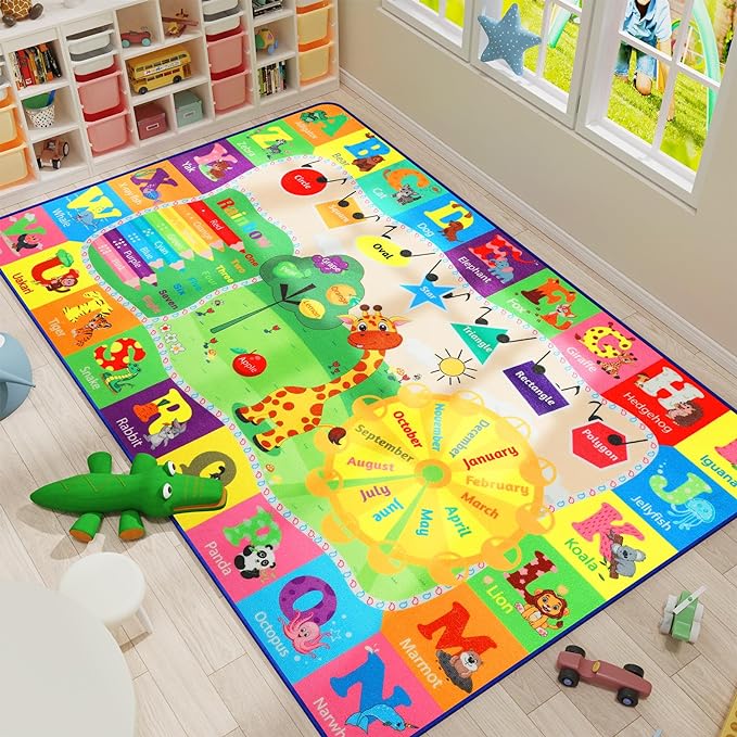 7x10 Kids Rug Play Mat Carpet Educational and Fun Playmat with ABC Alphabet Animals Shapes Colors Large Area Rug Learning Rugs for Bedroom Playroom Baby Toddler Children Play Game Activity - LeafyLoom