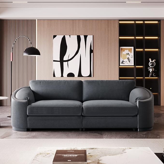 Morden Stylish 3-Seat Upholstered Couch Linen Fabric Nailhead Decor Sofa&Couch with Thicker Cushions and Armrests for Home Office Apartment Living Room, 91", Gray-337 - LeafyLoom