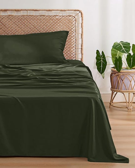 Bedsure Twin XL Sheet Set Dorm Bedding, Cooling Sheets Twin Extra Long Sheets, Rayon Derived from Bamboo, Deep Pocket Up to 16", Hotel Luxury Silky Bedding Sheets & Pillowcases, Olive green - LeafyLoom